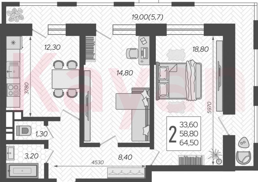 Продажа 2-комн. квартиры, 58.8 кв.м фото 0