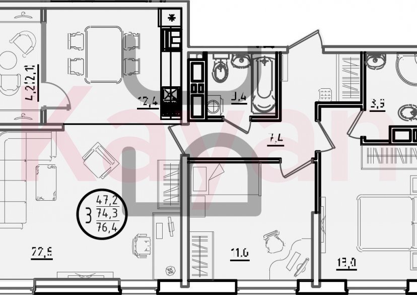 Продажа 3-комн. квартиры, 74.3 кв.м фото 0