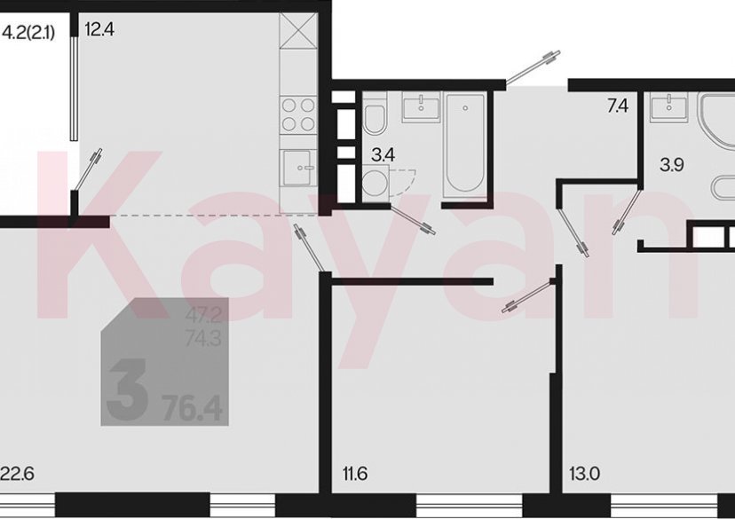 Продажа 3-комн. квартиры, 74.3 кв.м фото 0