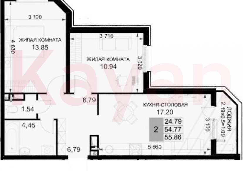 Продажа 2-комн. квартиры, 54.77 кв.м фото 0