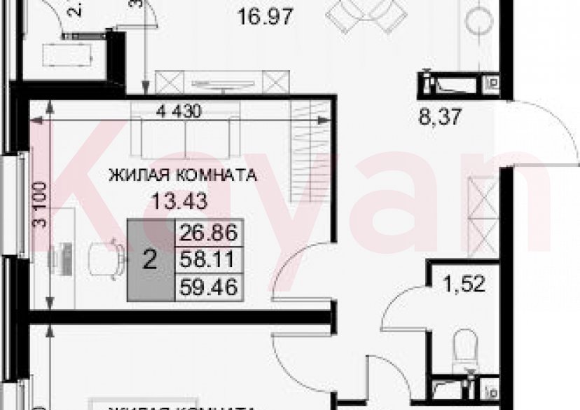 Продажа 2-комн. квартиры, 58.11 кв.м фото 0