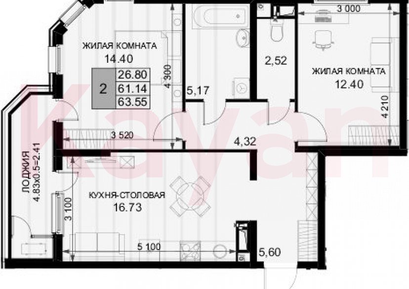 Продажа 2-комн. квартиры, 61.14 кв.м фото 0