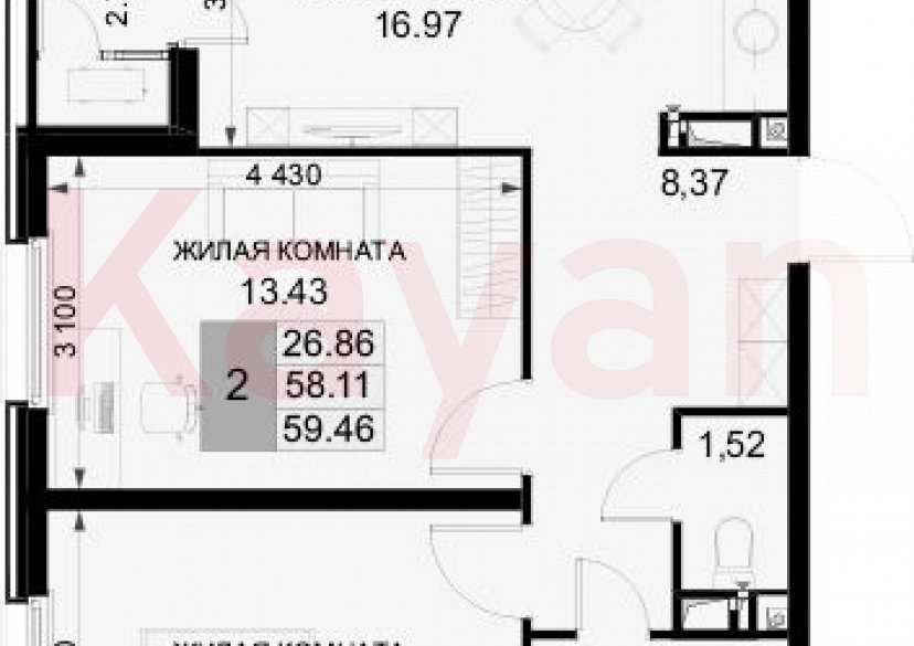 Продажа 2-комн. квартиры, 58.11 кв.м фото 0