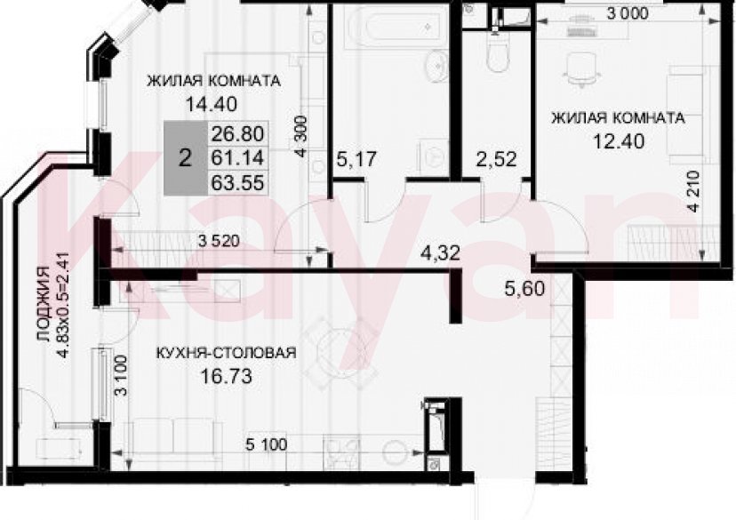 Продажа 2-комн. квартиры, 61.14 кв.м фото 0