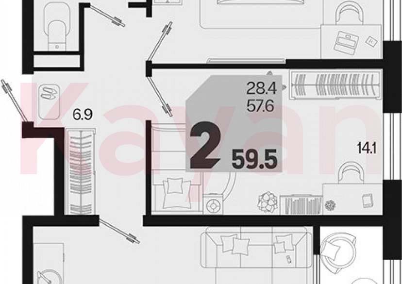 Продажа 2-комн. квартиры, 57.6 кв.м фото 0