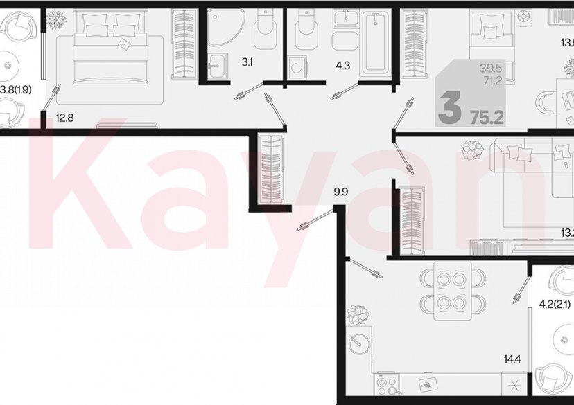 Продажа 3-комн. квартиры, 71.2 кв.м фото 0