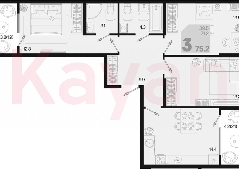 Продажа 3-комн. квартиры, 71.2 кв.м фото 0