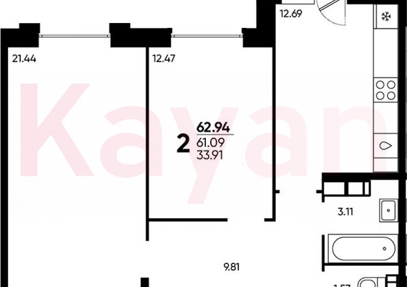 Продажа 2-комн. квартиры, 61.09 кв.м фото 0