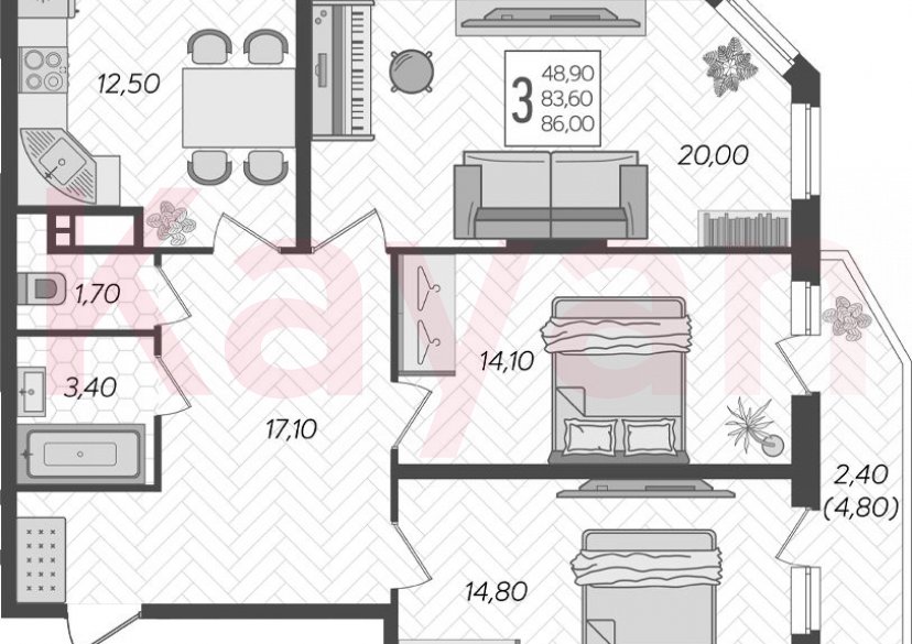 Продажа 3-комн. квартиры, 83.6 кв.м фото 0