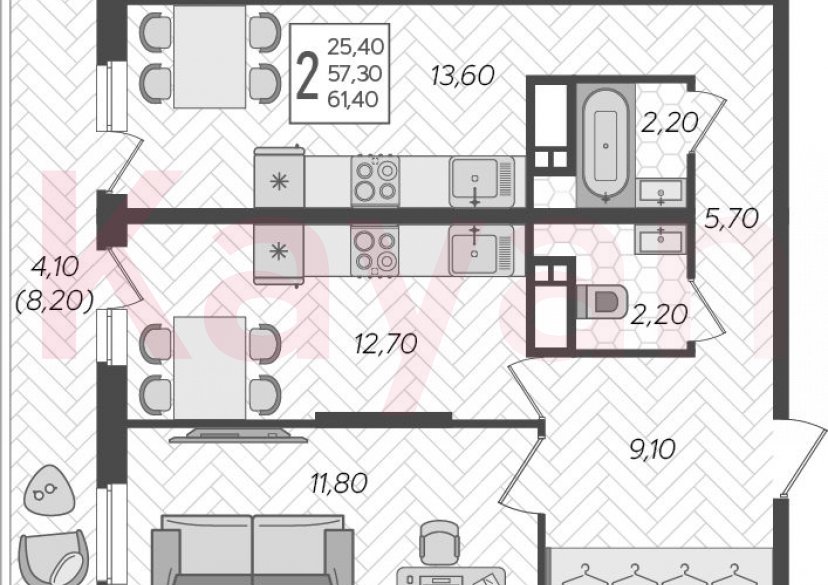 Продажа 2-комн. квартиры, 57.3 кв.м фото 0