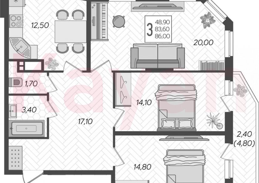 Продажа 3-комн. квартиры, 83.6 кв.м фото 0