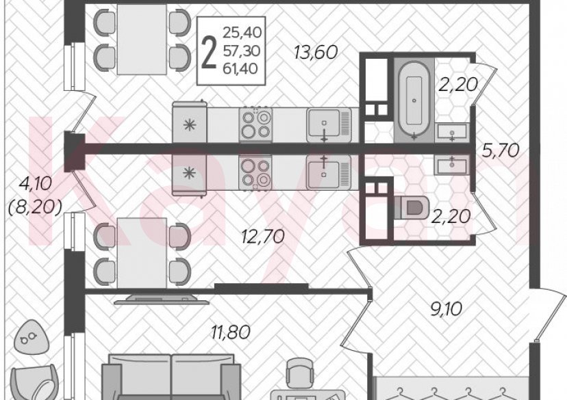 Продажа 2-комн. квартиры, 57.3 кв.м фото 0