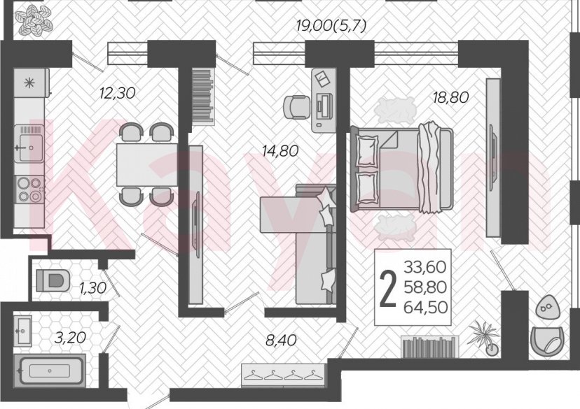 Продажа 2-комн. квартиры, 58.8 кв.м фото 0