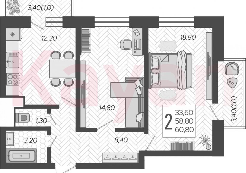 Продажа 2-комн. квартиры, 58.8 кв.м фото 0