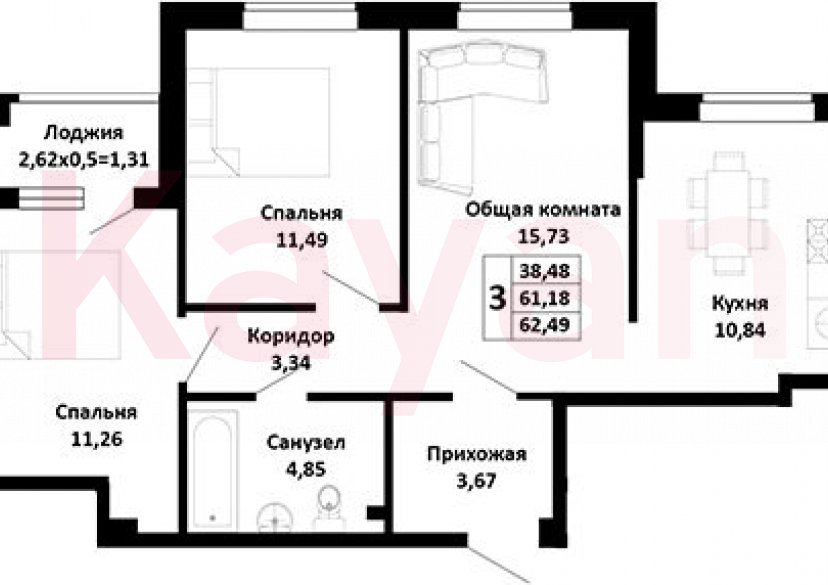 Продажа 3-комн. квартиры, 61.18 кв.м фото 0