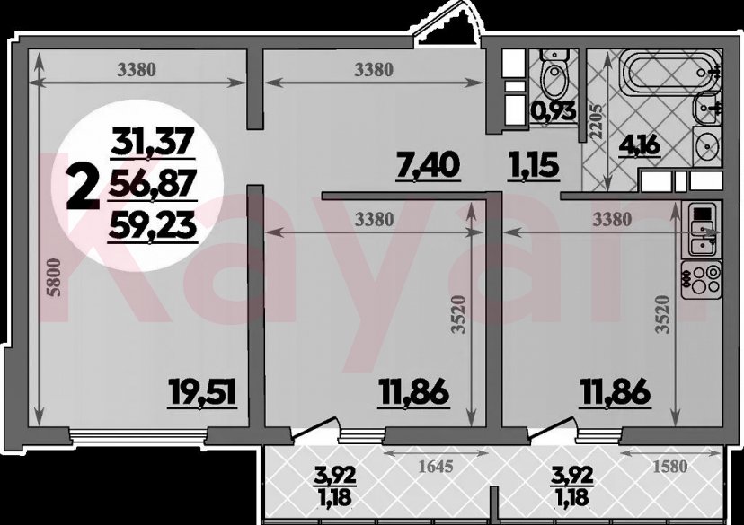 Продажа 2-комн. квартиры, 56.87 кв.м фото 0