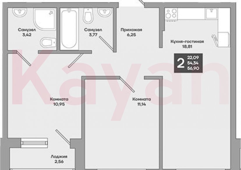 Продажа 2-комн. квартиры, 54.34 кв.м фото 0