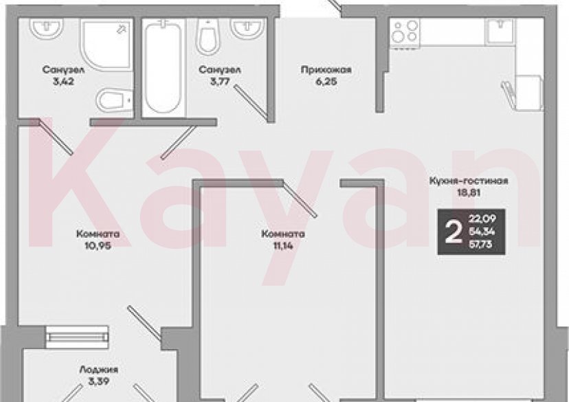 Продажа 2-комн. квартиры, 56.85 кв.м фото 0