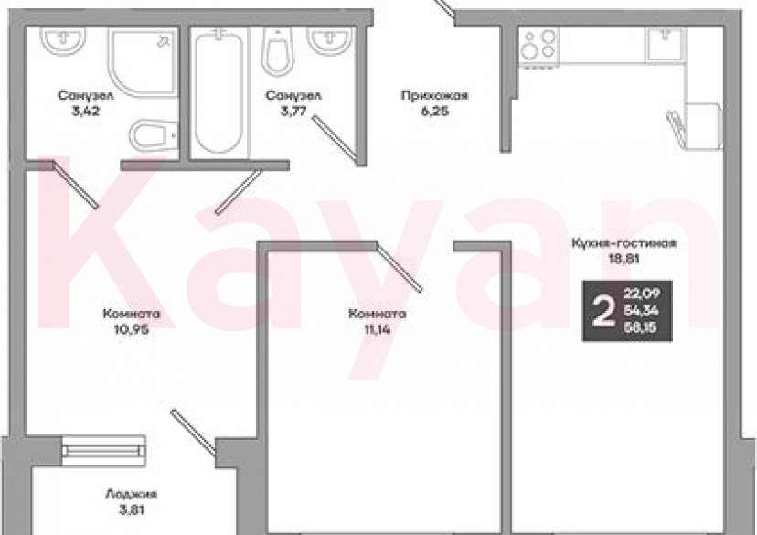 Продажа 2-комн. квартиры, 54.34 кв.м фото 0