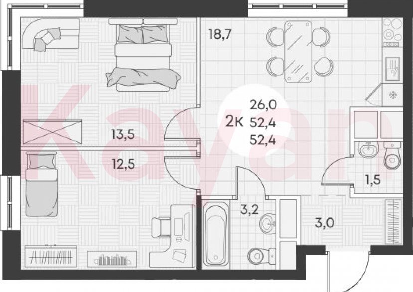 Продажа 2-комн. квартиры, 52.4 кв.м фото 0