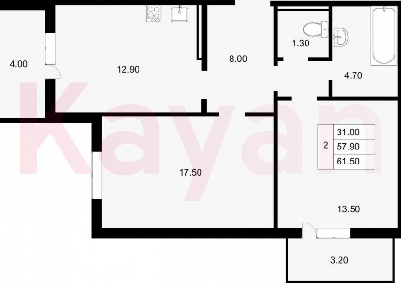 Продажа 2-комн. квартиры, 57.9 кв.м фото 0