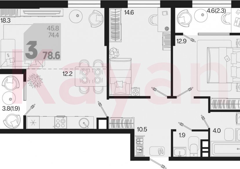 Продажа 3-комн. квартиры, 74.4 кв.м фото 0