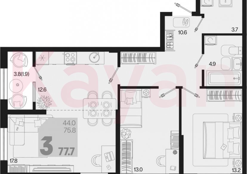 Продажа 3-комн. квартиры, 75.8 кв.м фото 0