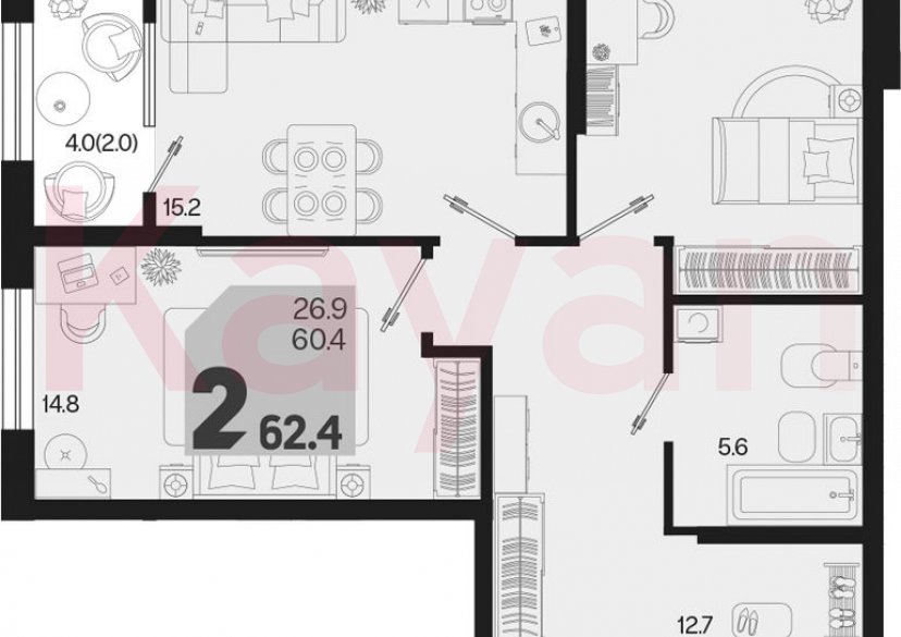 Продажа 2-комн. квартиры, 60.4 кв.м фото 0