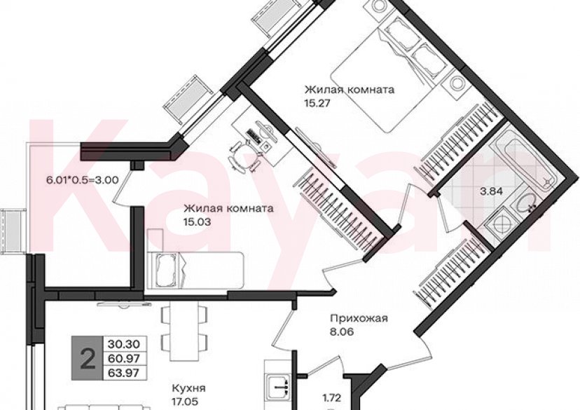 Продажа 2-комн. квартиры, 60.97 кв.м фото 0