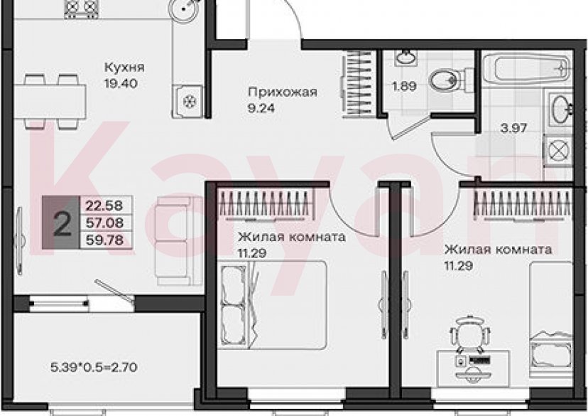 Продажа 2-комн. квартиры, 57.08 кв.м фото 0