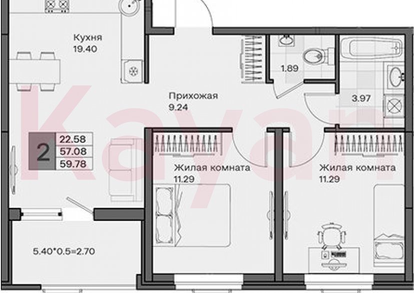 Продажа 2-комн. квартиры, 57.08 кв.м фото 0