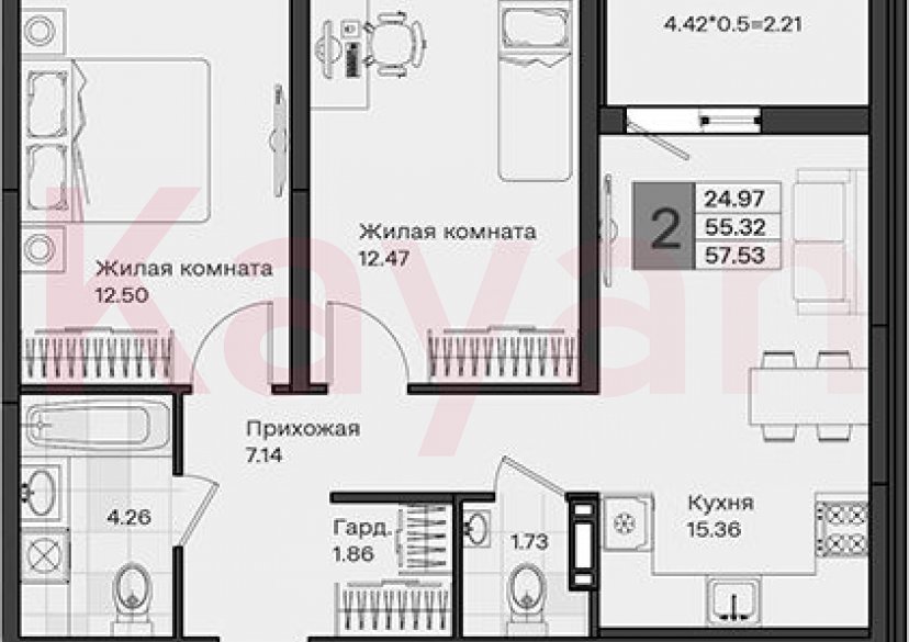 Продажа 2-комн. квартиры, 55.32 кв.м фото 0