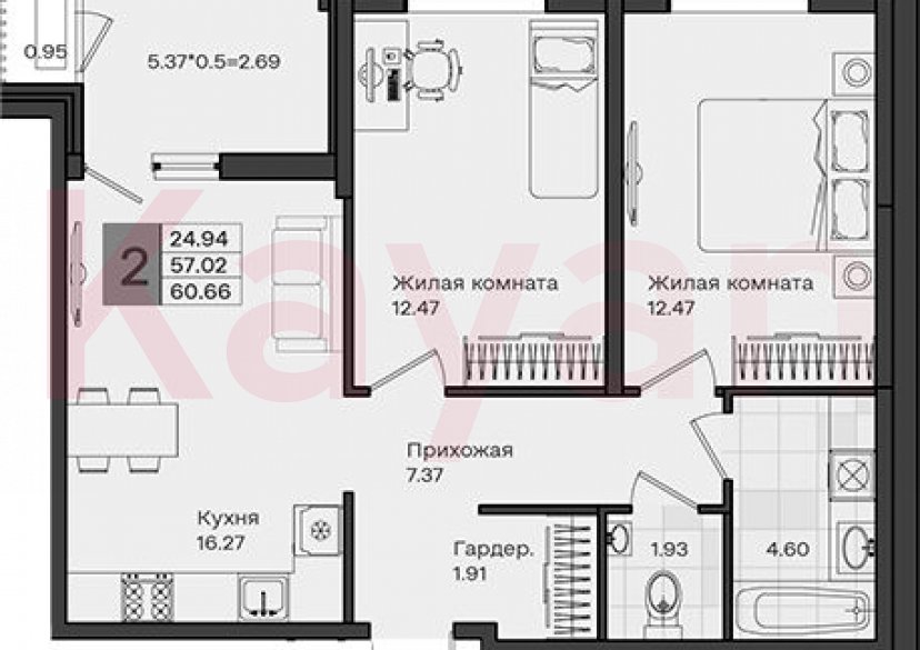 Продажа 2-комн. квартиры, 57.02 кв.м фото 0