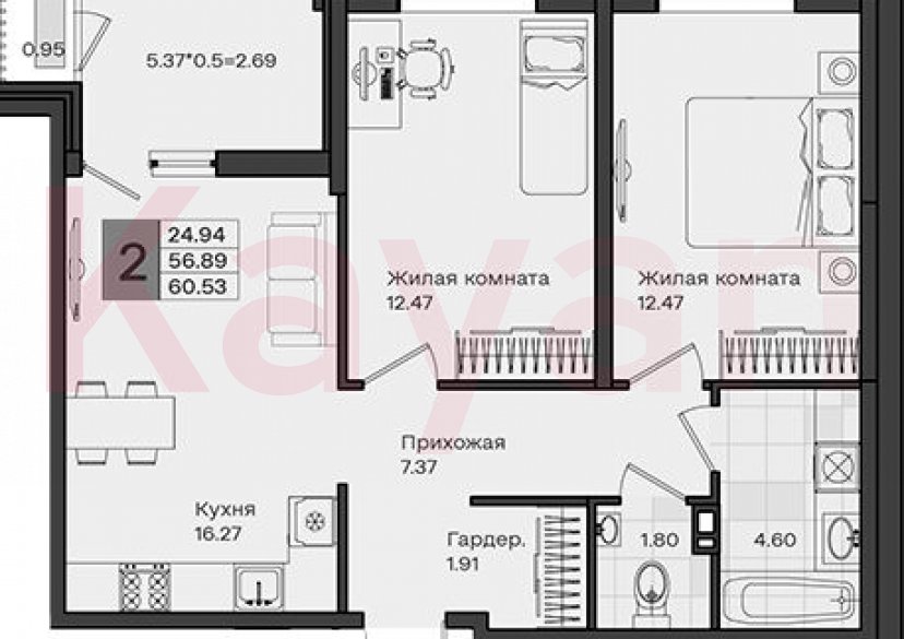 Продажа 2-комн. квартиры, 56.89 кв.м фото 0