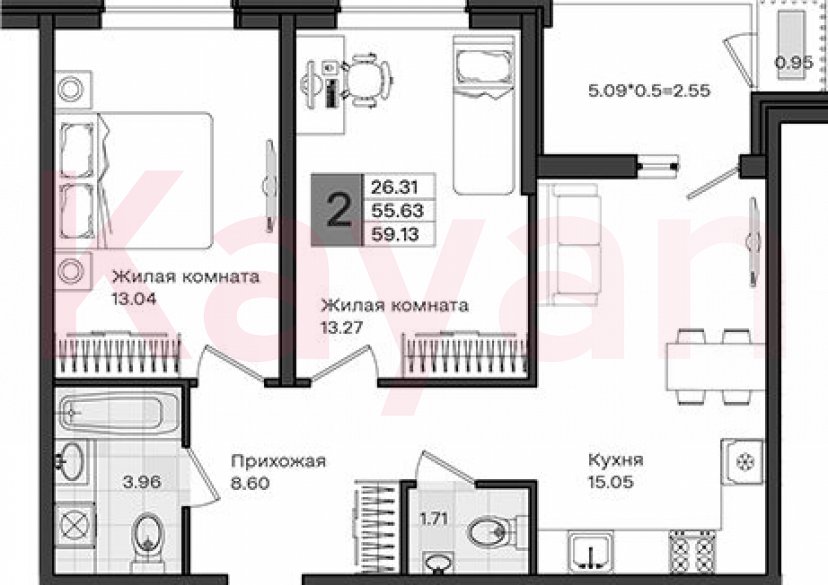 Продажа 2-комн. квартиры, 55.63 кв.м фото 0