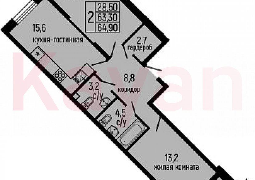 Продажа 2-комн. квартиры, 63.3 кв.м фото 0