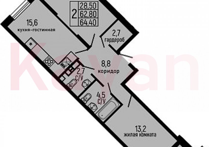 Продажа 2-комн. квартиры, 62.8 кв.м фото 0