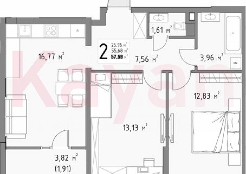 Продажа 2-комн. квартиры, 55.68 кв.м фото 0