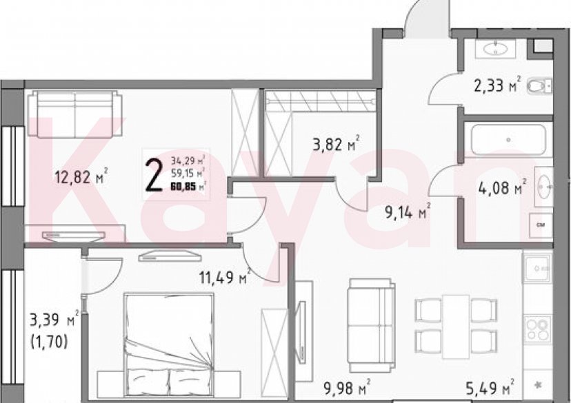 Продажа 2-комн. квартиры, 59.15 кв.м фото 0