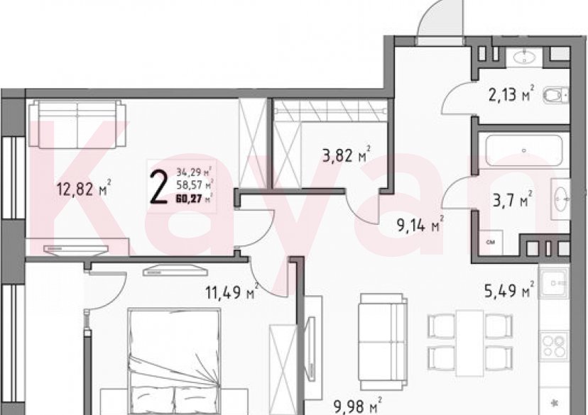 Продажа 2-комн. квартиры, 58.57 кв.м фото 0