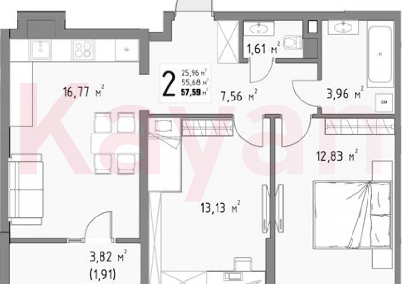 Продажа 2-комн. квартиры, 55.68 кв.м фото 0